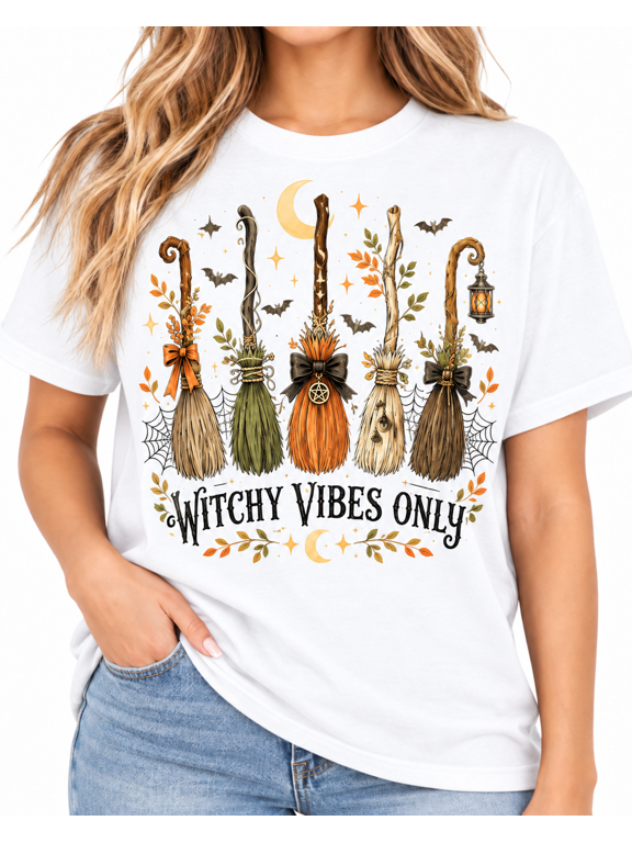 【New Arrival】Women’s Halloween Witch Broom Graphic T-Shirt, Witchy Vibes Only Crescent Moon Bat Web Short Sleeve Crew Neck Fall Tee