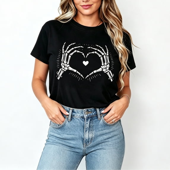 【New Arrival】Women's Heart Skeleton Graphic T Shirt Casual Short Sleeve Crew Neck Top Trendy Love Print Tee