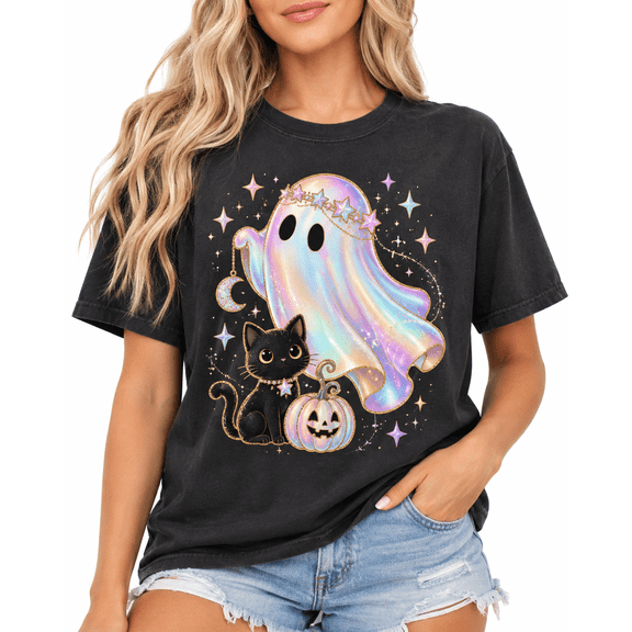 【New Arrival】Women’s Iridescent Ghost Graphic T-Shirt, Black Cat Pastel Pumpkin Star Crown Short Sleeve Halloween Fall Tee