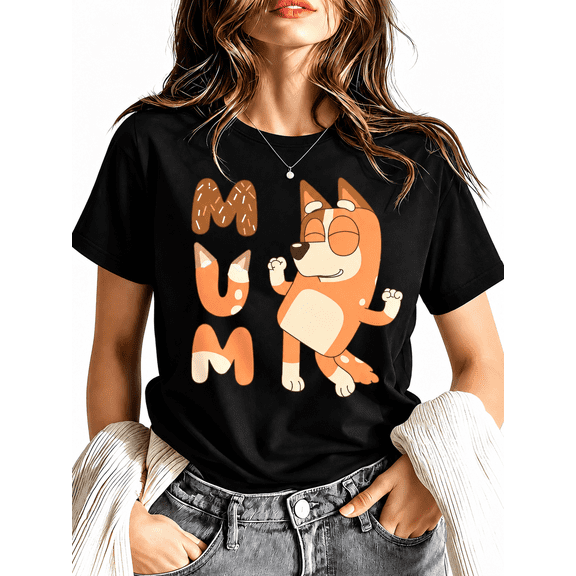 【New Arrival】 Women's MUM Dog Graphic T-Shirt, Cute Mother and Puppy Illustration Front and Back Print Relaxed Fit Black Short Sleeve Tee