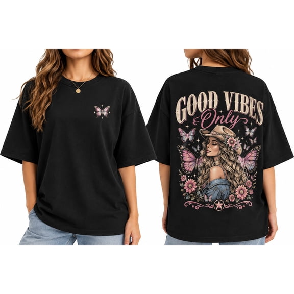 【New Arrival】Women's Oversized Graphic T-Shirt, Western Cowgirl Butterfly Print, Good Vibes Casual Short Sleeve Tee