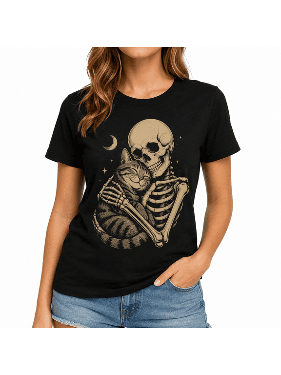 【New Arrival】Women's Skeleton Cat Graphic T Shirt Black Short Sleeve Crew Neck Gothic Halloween Casual Tee