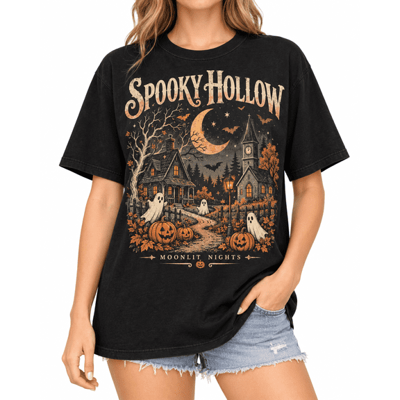 【New Arrival】Women’s Spooky Hollow Halloween Graphic T-Shirt, Haunted House Ghost Pumpkin Crescent Moon Bat Short Sleeve Vintage Fall Tee