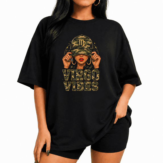 【New Arrival】Women's Virgo Graphic T Shirt Black Short Sleeve Crew Neck Camo Zodiac Casual Tee
