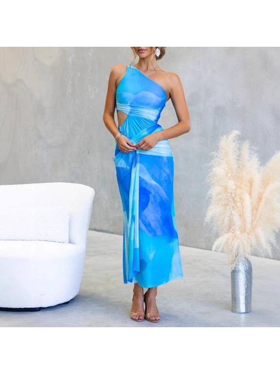 New Arrival Women's Wrap Tie Design Holiday Style Long Dress, One-Shoulder Waist-Exposed Positioning Printed Midi Dress