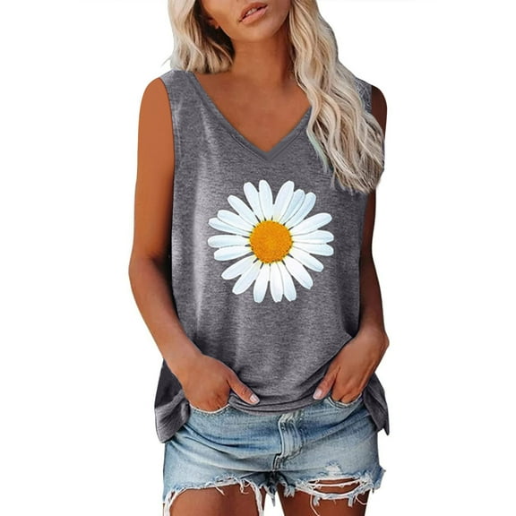 New Arrival Womens Summer Tops V Neck Tank Tops Flower Printed Sleeveless Basic T Shirt Cute Printed Loose Fit Tops