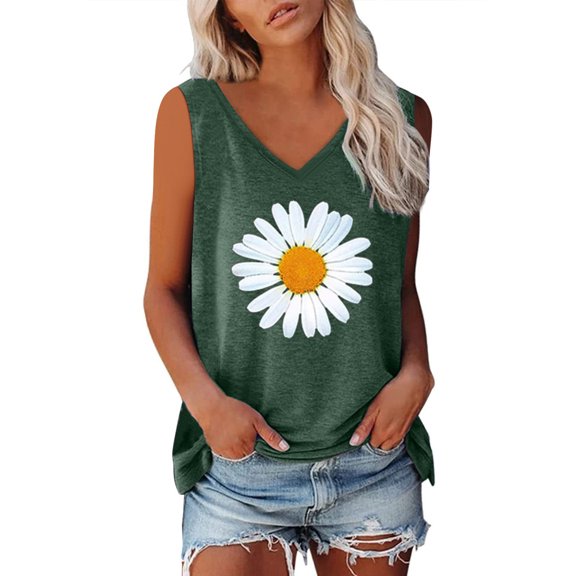 New Arrival Womens Summer Tops V Neck Tank Tops Flower Printed Sleeveless Basic T Shirt Cute Printed Loose Fit Tops
