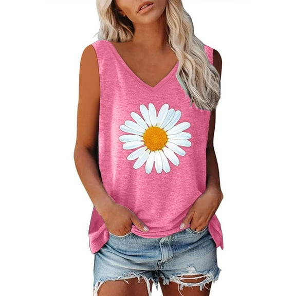 New Arrival Womens Summer Tops V Neck Tank Tops Flower Printed Sleeveless Basic T Shirt Cute Printed Loose Fit Tops