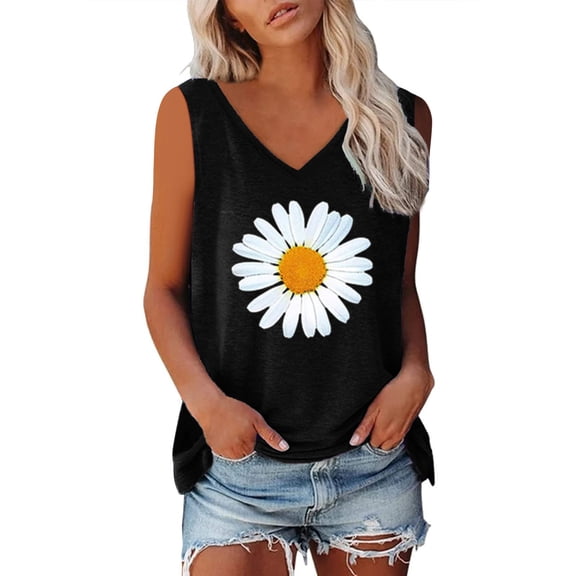 New Arrival Womens Summer Tops V Neck Tank Tops Flower Printed Sleeveless Basic T Shirt Cute Printed Loose Fit Tops