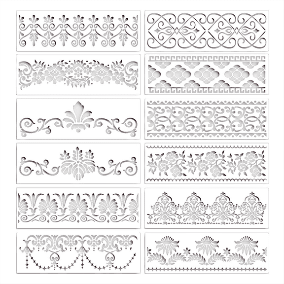 New Arrivals 12Pc Flower Border Stencils Reusable for DIY Craft Stencils, 12x3.9In