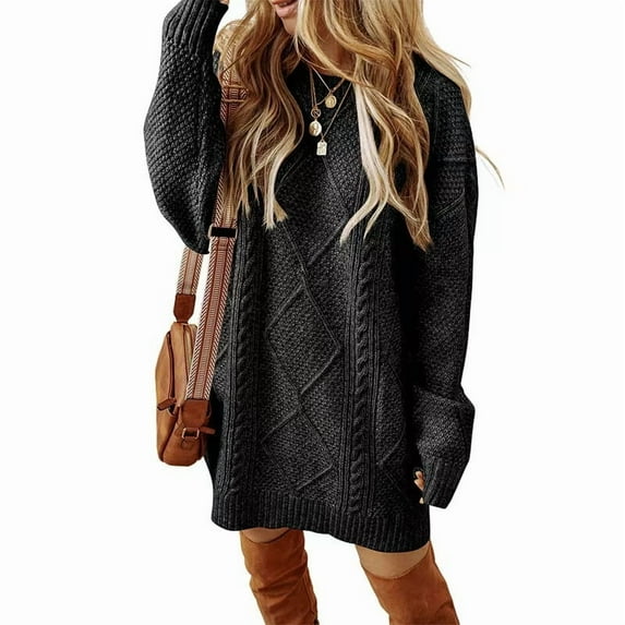 New Arrivals 2025: Women's Oversized Knit Dresses - Casual Long Sleeve Cable Knit Pullover Dresses with Lantern Sleeves