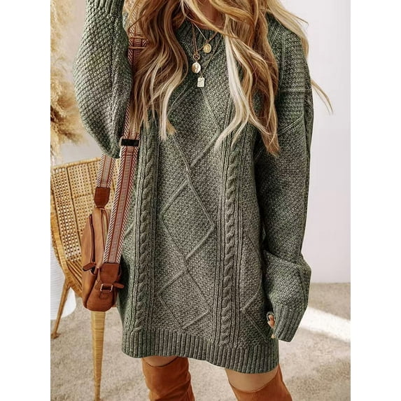 New Arrivals 2025: Women's Oversized Knit Dresses - Casual Long Sleeve Cable Knit Pullover Dresses with Lantern Sleeves