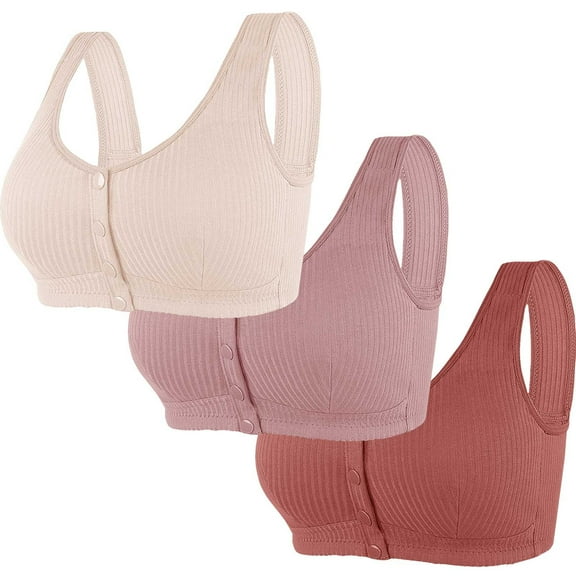 New Arrivals! 3 Pack Kilaqueen Cotton Front Closure Bras for Women Ribbed Knit Soft Breathable Everyday Bra Comfort Plus Size Snap No Underwire Bras