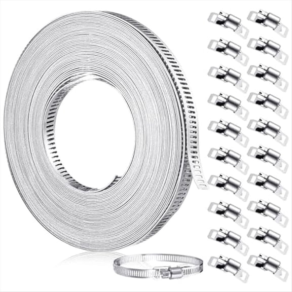 New Arrivals 33Ft Stainless Steel Hose Clamp DIY Metal Strap and 20 Pcs Fasteners Adjustable Worm Gear Clamps for Pipe Tube