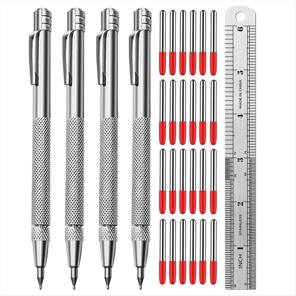 New Arrivals 4 Pack Scriber with Magnet, Metal Scribe, Extra 24 Replacement Marking Tip and Steel Ruler