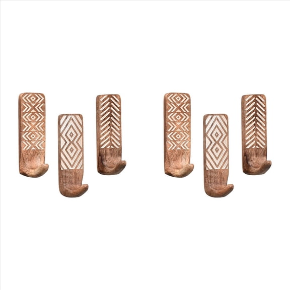 New Arrivals 6 Pack Non-Destructive Wood Wall Hooks - Adhesive Boho Decorative