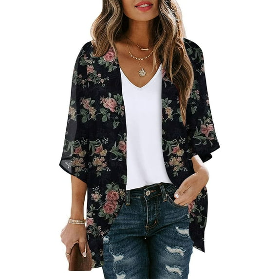 New Arrivals AXXD Black Swimsuit Cover Up Women Floral Print Puff Sleeve Kimono Cardigan Loose Chiffon Cover Up Tops