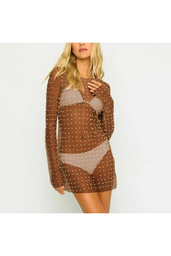 New Arrivals AXXD Womens Swimsuits Cover Ups Sexy Pearls Dress Mesh Sheer Cover Up Summer Long Maxi Dress Beach Bikni Dress Hollow Out Sheer
