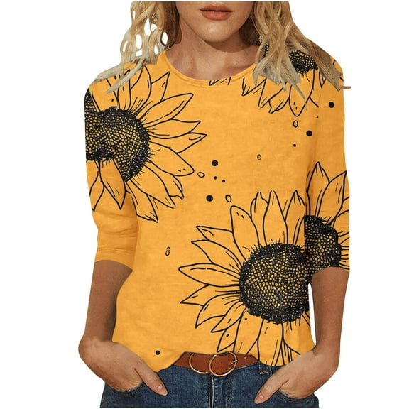 New Arrivals BeiFu Long Sleeve Shirts For Women Casual Womens Tops Casual 3/4 Sleeves Floral Women Blouses Dressy Casual V Neck Oversized 100 Cotton V Neck T Shirts Women Spring Clothes For Women