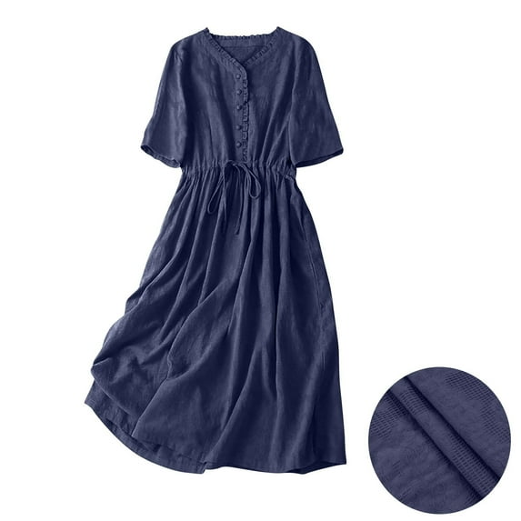 New Arrivals! Kilaqueen Maxi Dresses for Women Half SLeeve Button V Neck Lettuce Trim Long Dresses Fashion Cotton Curvy Waist Drawstring Flowy Summer Dresses