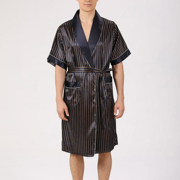 New Arrivals Nexjvus Mens Robe Striped Robe Satin Waist Tie Cardigan Pocket Robe Sleepwear Size L