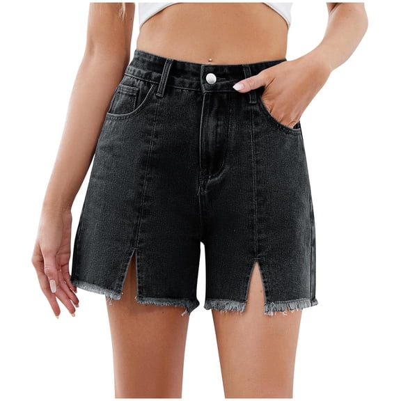 New Arrivals Olyvenn Women's Summer Shorts Denim Casual Wash Short with Pocket High Waist Button Y2K Beach Bottom Daily Wear Short 2025 Black XL