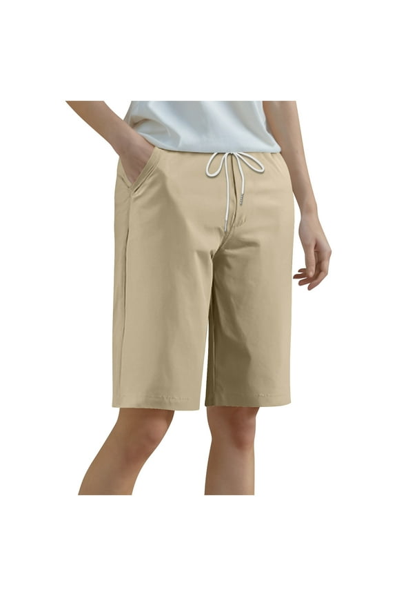 New Arrivals Olyvenn Yoga Sports Shorts Bermuda Shorts for Women Summer High Waisted Knee Length Pants Long Gargo Shorts Hiking Cropped Pant with Pockets Khaki XL