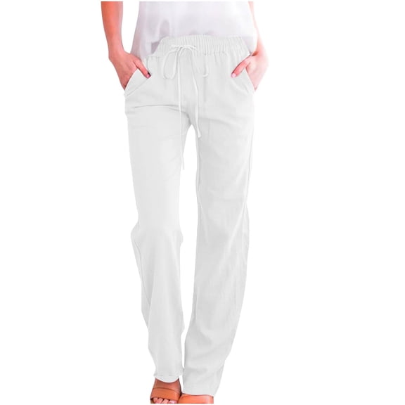 POROPL White Cotton Linen Pants Women Drawstring Loose Straight Leg Pants(Work,Beach Vacation)
