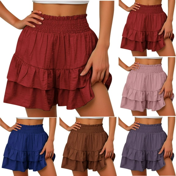 New Arrivals POROPL Womens Shorts Summer High Waist Casual Pleated Hem Shorts Floral Short