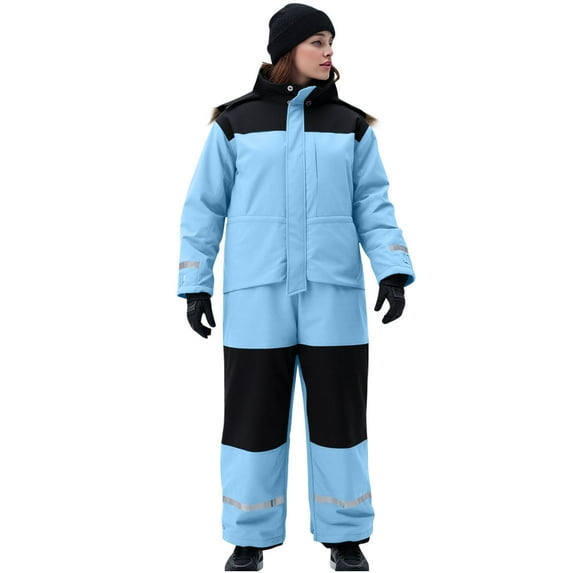 New Arrivals VOESLSOO Women One Pieces Ski Suits Waterproof Windproof Snowboard Jumpsuits Winter Warm Outdoor Hood Snowsuit For Snow Sports Warm Outfits Clothes Sky Blue XL