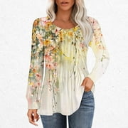 New Arrivals Women Clothes 2024 Summer 3/4 Zip Pullover Womens Pleated Round Neck Top Print Long Sleeved shirt