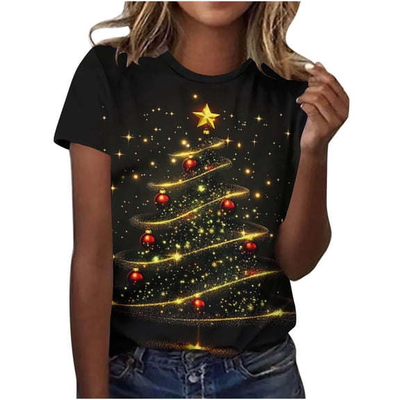 New Arrivals Women Fall Clothes Christmas Tree Print Blouse Short Sleeve Blouse Crewneck Pullover Tees My Items
