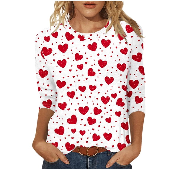 New Arrivals Women's 3/4 Sleeve Round Neck Shirts with Valentine Heart Print Fashion Tops Valentine's Day Tshirt My Items