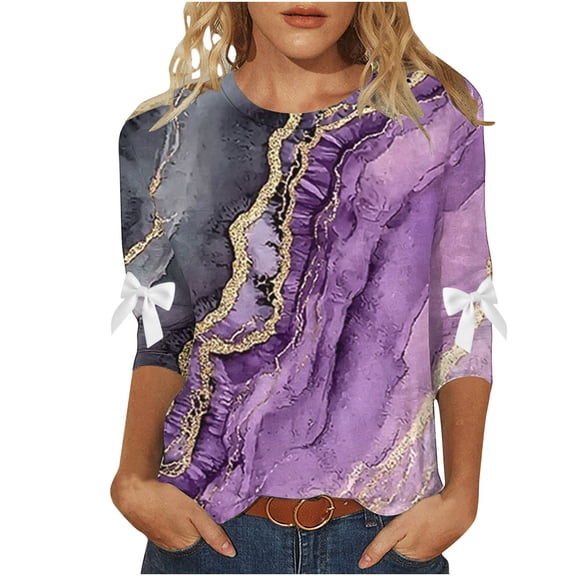 New Arrivals Womens Elegant Floral Pattern 3/4 Sleeve Round Neck Blouse Tees Tshirts Fall Tops for Office Wear My Items