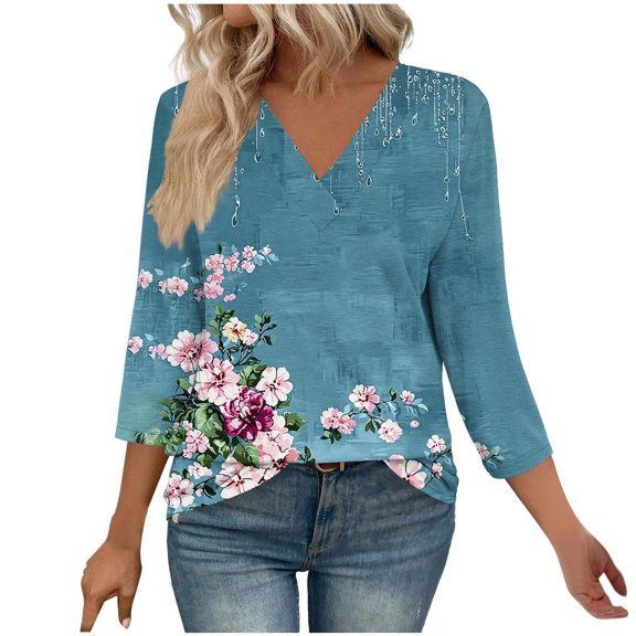 New Arrivals Womens Flattering V Neck Flower Pattern 3/4 Sleeve Top Tees Tshirts Fall Shirts for Spring My Items