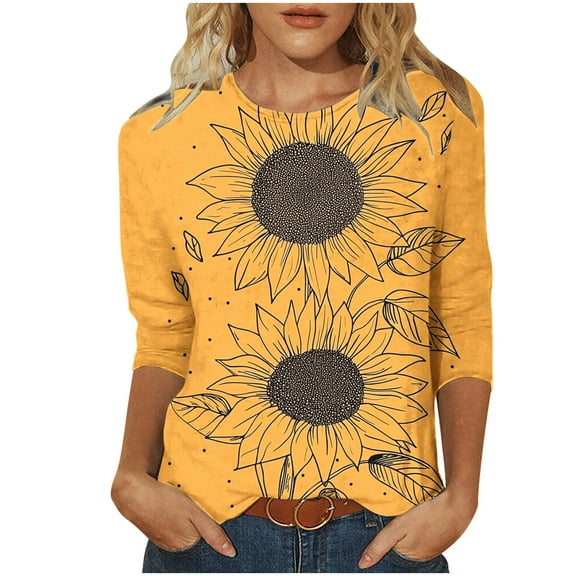 New Arrivals Womens Floral Pattern 3/4 Sleeve Round Neck Tees Tshirts Fall Tops for Delicate Style My Items