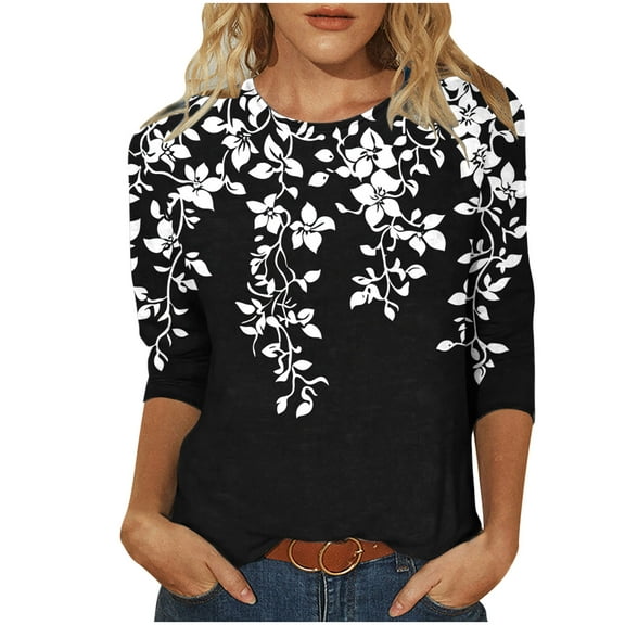 New Arrivals Womens Flower Design 3/4 Sleeve Round Neck Tees Tshirts Fall Tops Fall Fashion Must Haves My Items