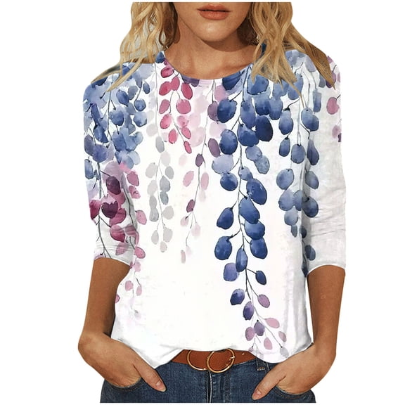 New Arrivals Womens Flower Pattern 3/4 Sleeve Round Neck Top Tees Tshirts Fall Shirts for Spring Summer My Items