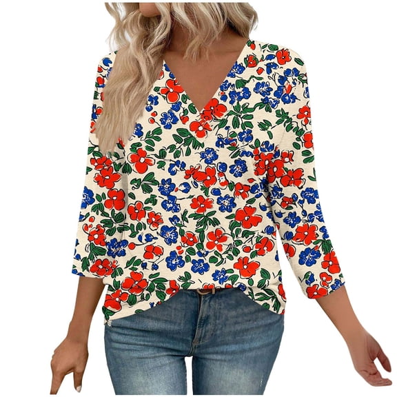 New Arrivals Womens Modern V Neck Abstract Floral 3/4 Sleeve Tees Tshirts Fall Tops for Contemporary Style My Items