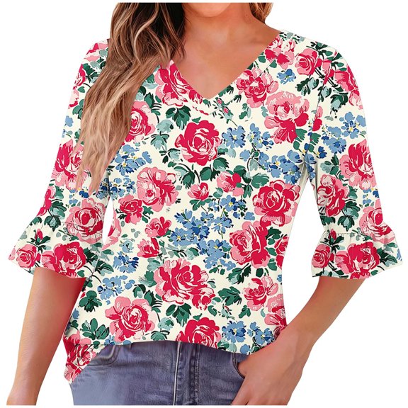 New Arrivals Womens V Neck Floral Shirt 3/4 Sleeve Tees Tshirts Fall Tops Casual Blouse Fall Fashion Must Haves My Items