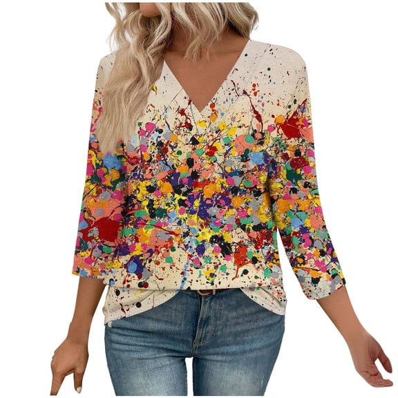 New Arrivals Womens V Neck Tropical Flower Design 3/4 Sleeve Top Tees Tshirts Fall Blouse for Vacation My Items