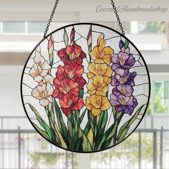 New August Birth Month Flower Glass Suncatcher, Gladiolus Birth Flower Gift, Birth Month Flower Window Hanging, Suncatcher Gift For Mom / Her