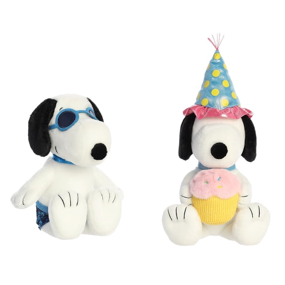 New Aurora Peanuts Plush Bundle, 12" Birthday Snoopy and 12" Surfer Snoopy