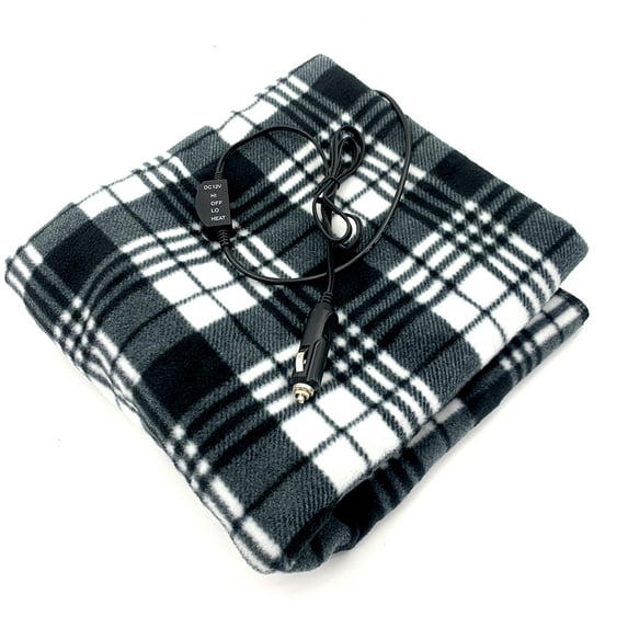 New AutoDrive 12Volt Heated Travel Blanket. Size 57in x 39in, Black and White. Count 1. Model 12974.