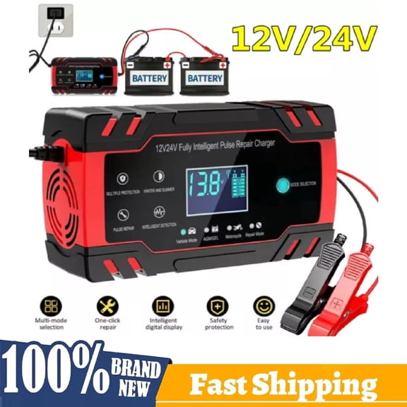 New Automatic Smart Car Battery Charger, 2AH-150AH 12V 24V Fully Intelligent Pulse Repair Automotive Battery Charger