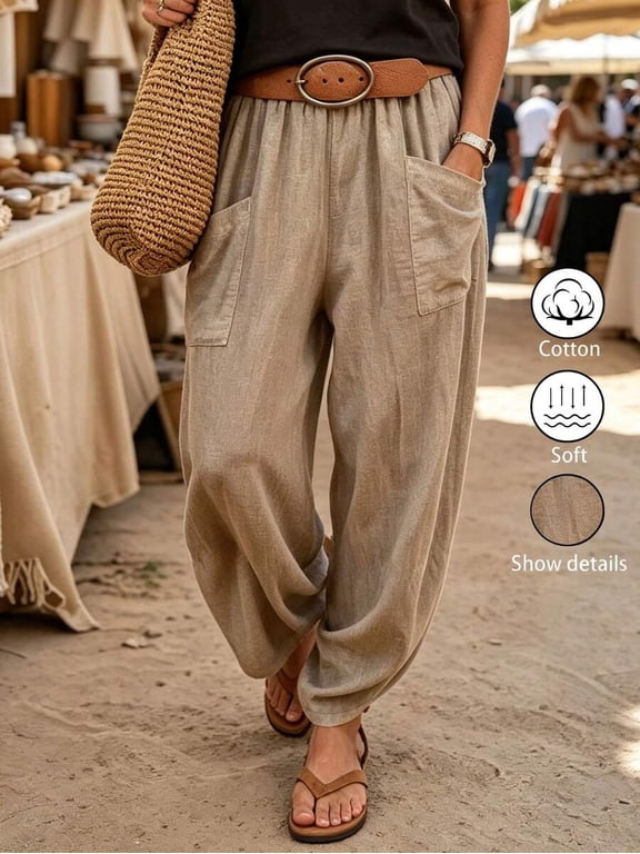 New Autumn/Winter European & American Retro Pure Cotton Cuffed Harem Pants For Women, Elastic High Waist With Large Patch Pockets, Loose Casual Carrot Pants, Washed Linen Vacation Style