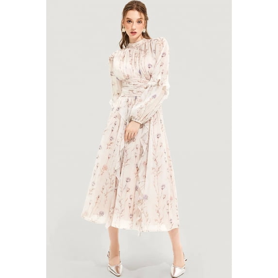 New Autumn/Winter Fashionable Chiffon Printed Ruffled Long-Sleeved Evening Dress