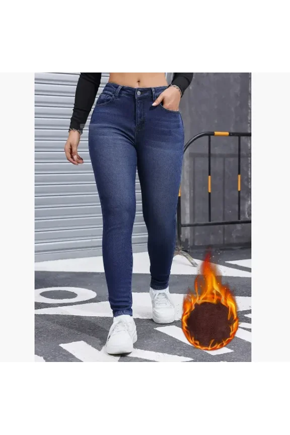 New Autumn/Winter Fleece-Lined Women's Stretch Skinny Fit Jeans, Blue