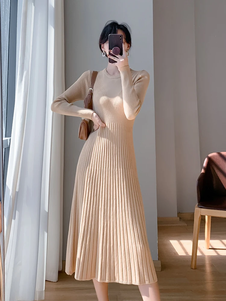 New Autumn Winter Women Knitting Sweater Dresses 2023 Korean Fashion