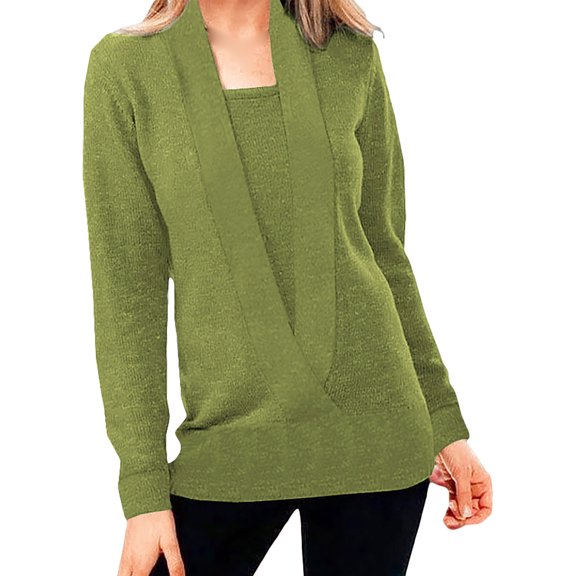 New Autumn Womens Tops Blouses Women Knitted Solid Color Deep V Neck Two Piece Long Sleeve Sweater Blouse Long Sleeve Tops